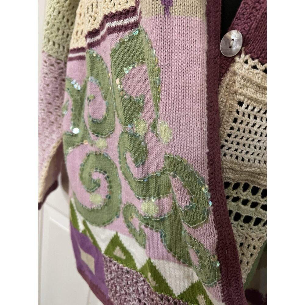 Vintage Storybook Knits Geometric Patchwork Cardigan Sweater XL Cottagecore - Picture 11 of 14